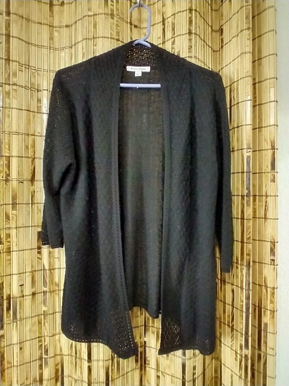 Studio Works Black Open Front Crochet Knit Cardigan Sweater Size L